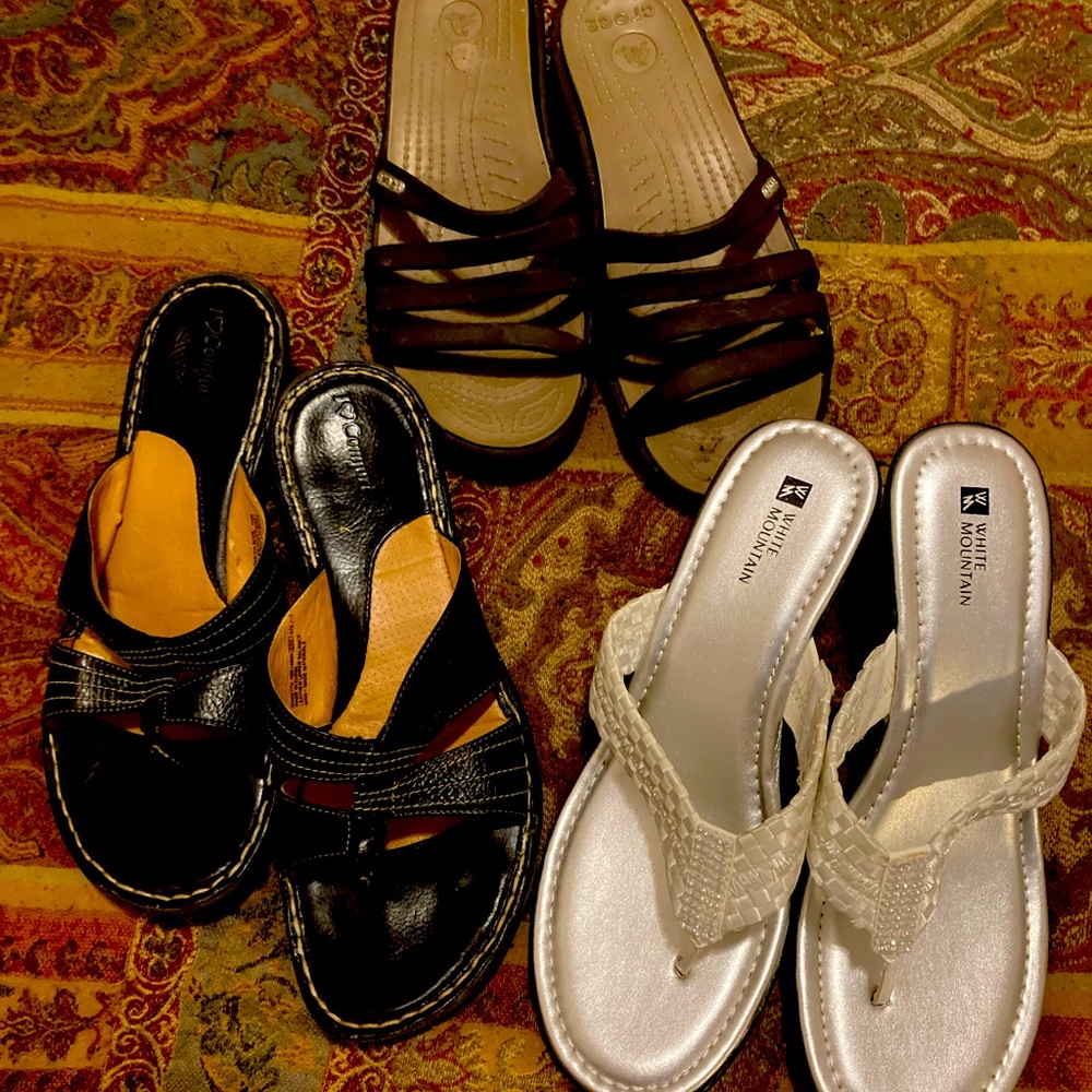 3 pairs of sandals, I love comfort, crocs brand, white mountain.